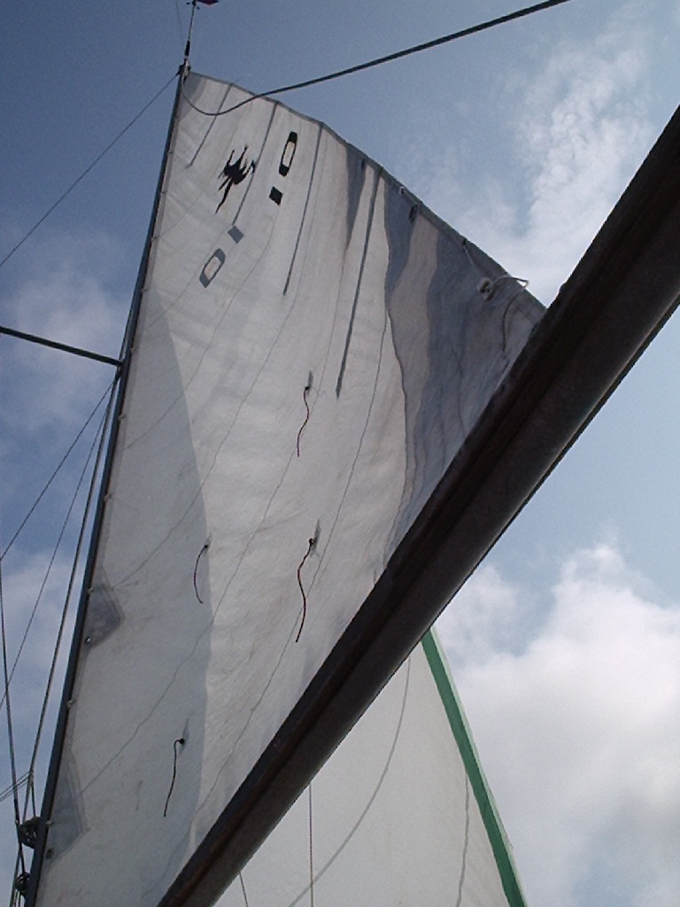shot of it racing/filled with wind - i have removed the leather reefing ties now as troller furling was best